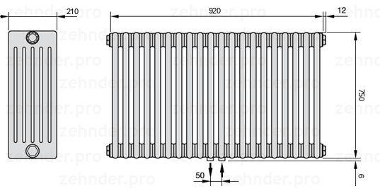 Схема (чертеж) Радиатор Zehnder Charleston 6075/20 №5410 Белый глянцевый RAL 9016
